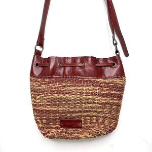 Lucky Brand Kenya Straw Leather Trim Boho Festival Crossbody Bucket Bag Brown
